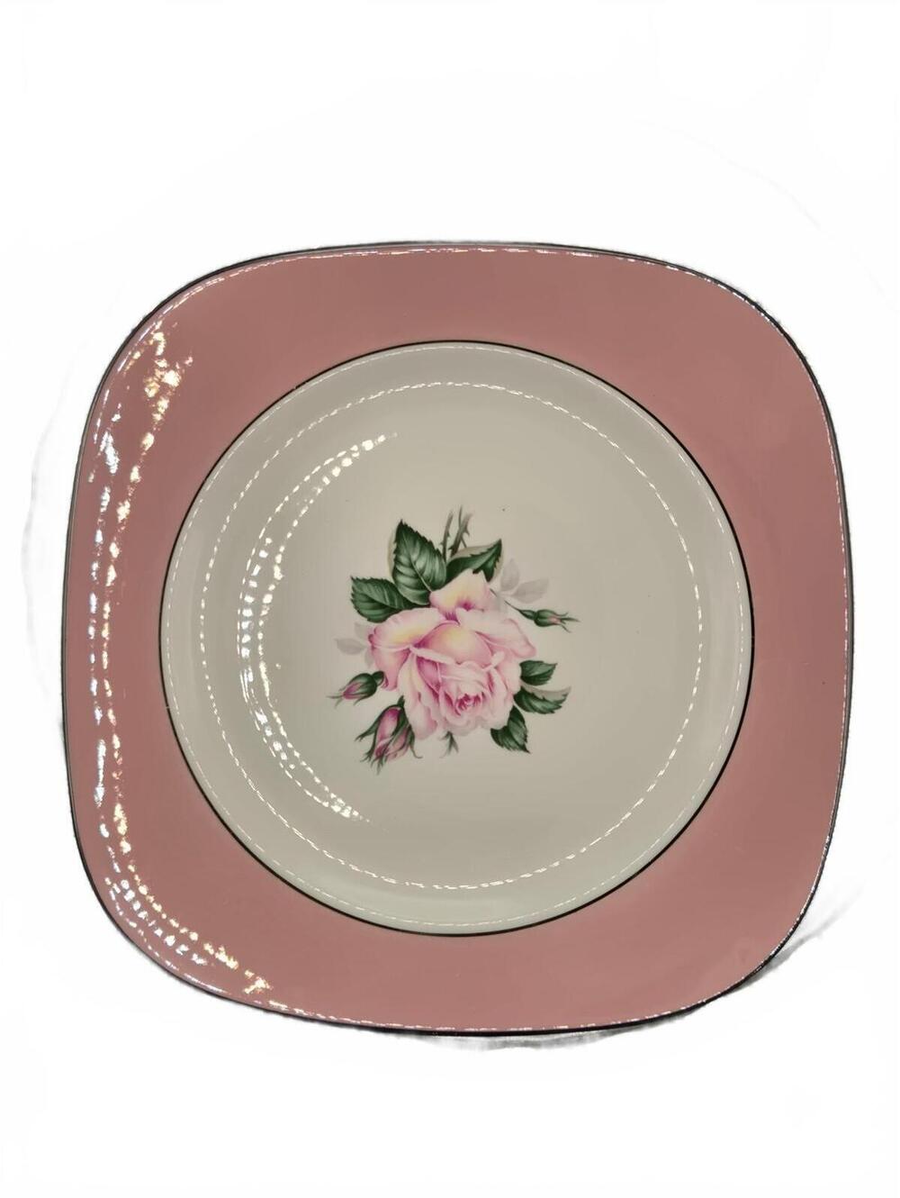 8" square Salad Plate Vtg Lifetime Homer Laughlin Pink Rose & Platinum